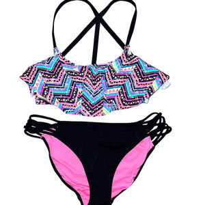 Pink by VS Bikini Black Pink Multi Color Tribal Ruffle Top Strappy Bottom Small